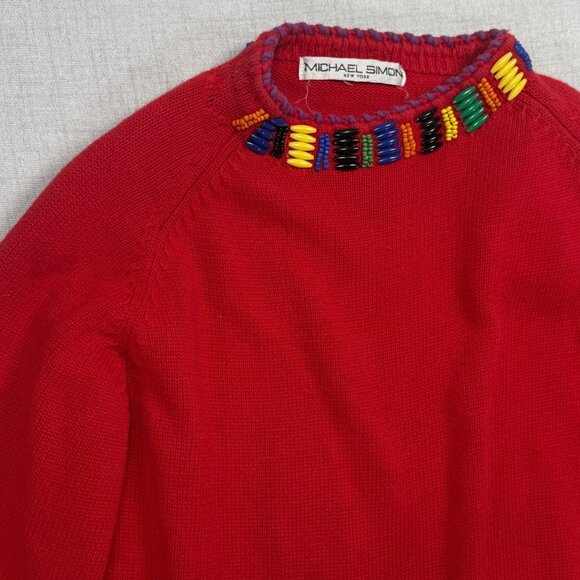 Vintage Michael Simons Embellished Beaded Sweater Red Tassel Knit Size Chest 39" - Picture 6 of 16